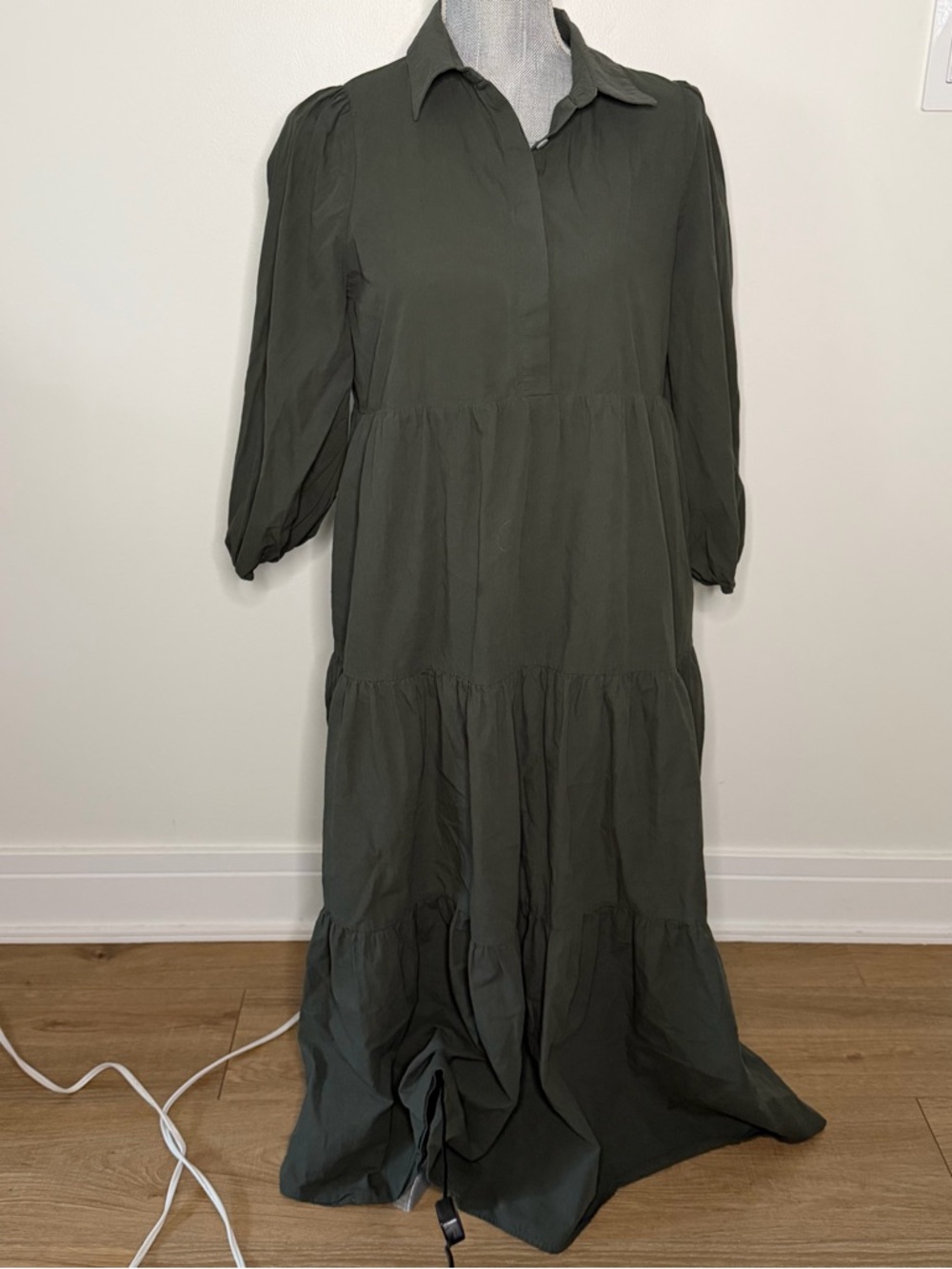 Pomander Place Olive Green Tiered Maxi Dress - Collared Long Sleeve, M